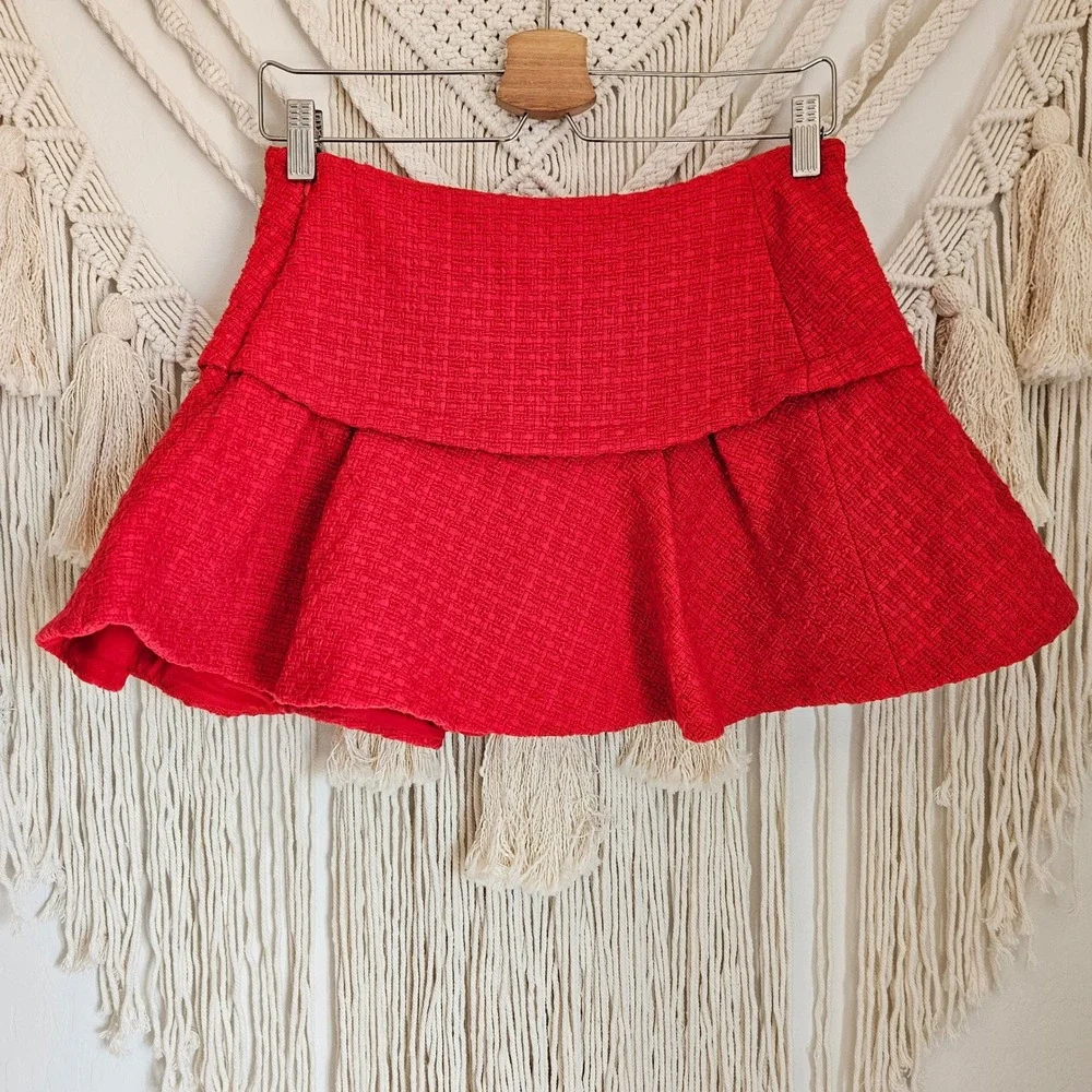 Maje Tweed Ruffled Pleated Asymmetrical Red Micro Mini Skort Skirt US S EU 36